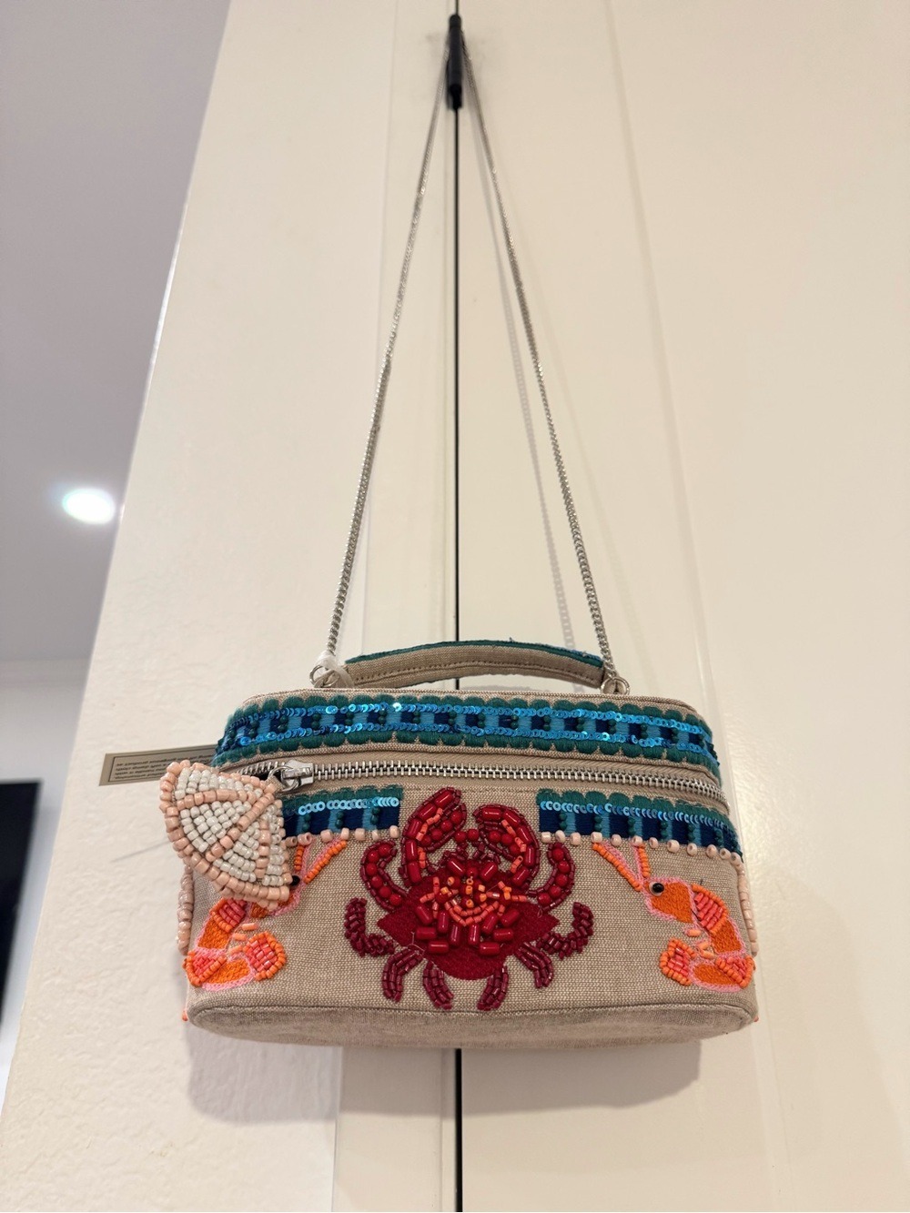 Handcrafted India Beaded Crab Embellished Crossbody Bag - Beige with Teal Accent